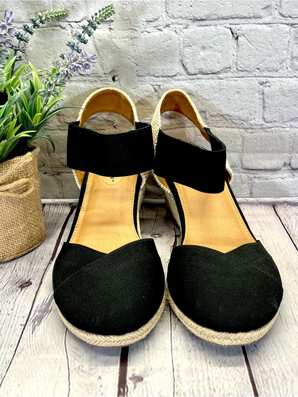 Black Espadrille Wedge Sandals Comfortview - Women-9W